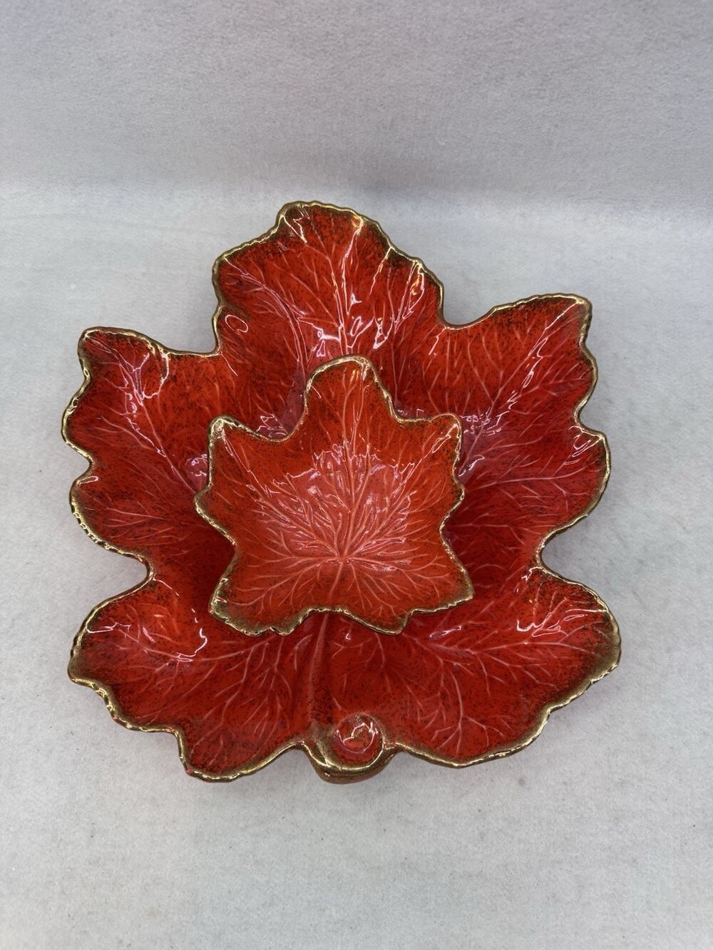 Vintage California Pottery Leaf Bowl Set 719 & 727 MCM Gold Edges Perfect